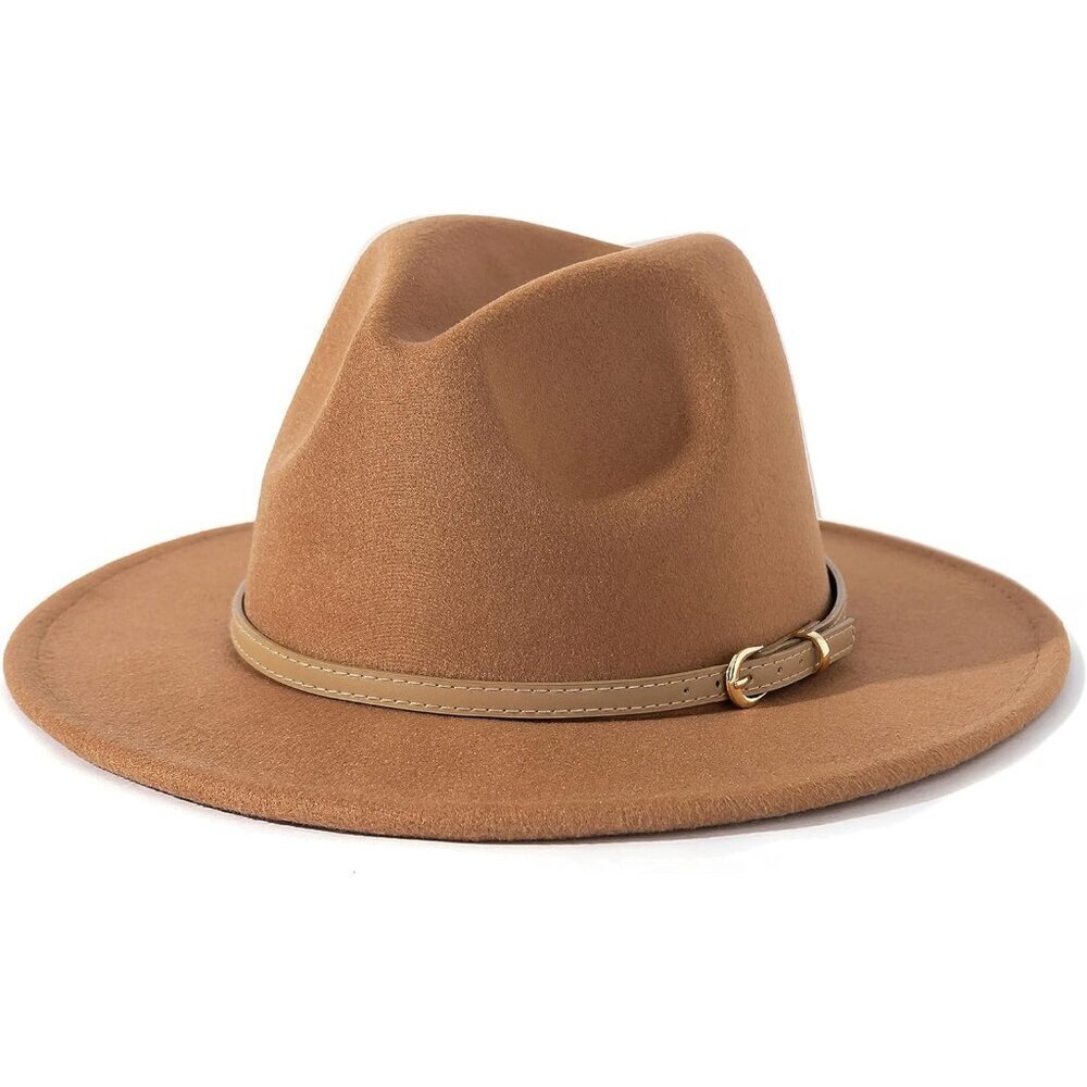 🔥 Lisianthus Classic Felt Fedora Women Tan Wide Brim Fashion Belt Buckle Hats